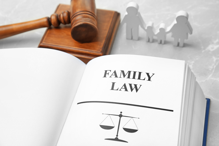 Book opened to Family Law page with scale graphic, gavel and block in background